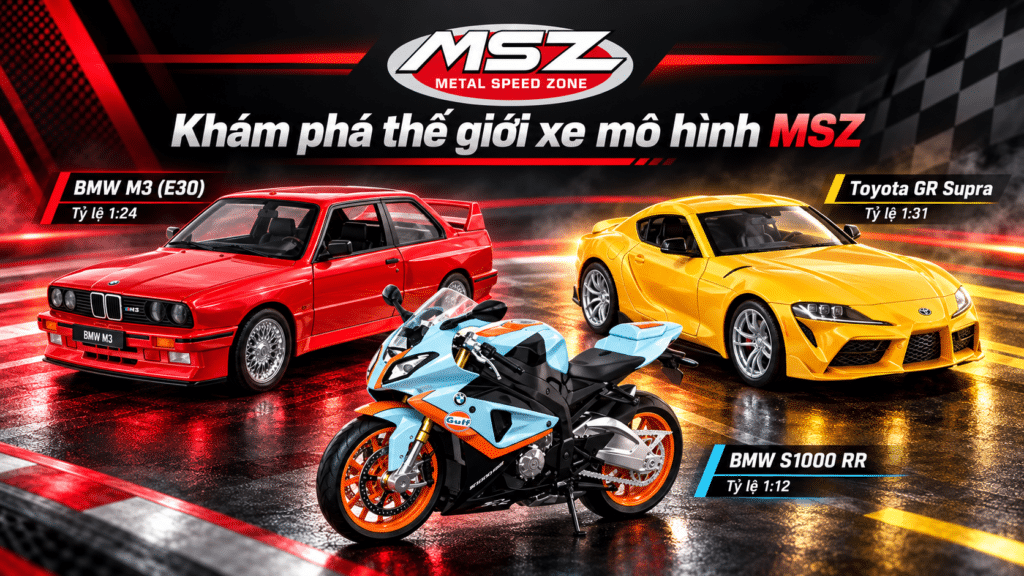 Xe mô hình MSZ BMW M3 E30 màu đỏ, Toyota GR Supra màu vàng và mô tô BMW S1000 RR màu xanh cam.