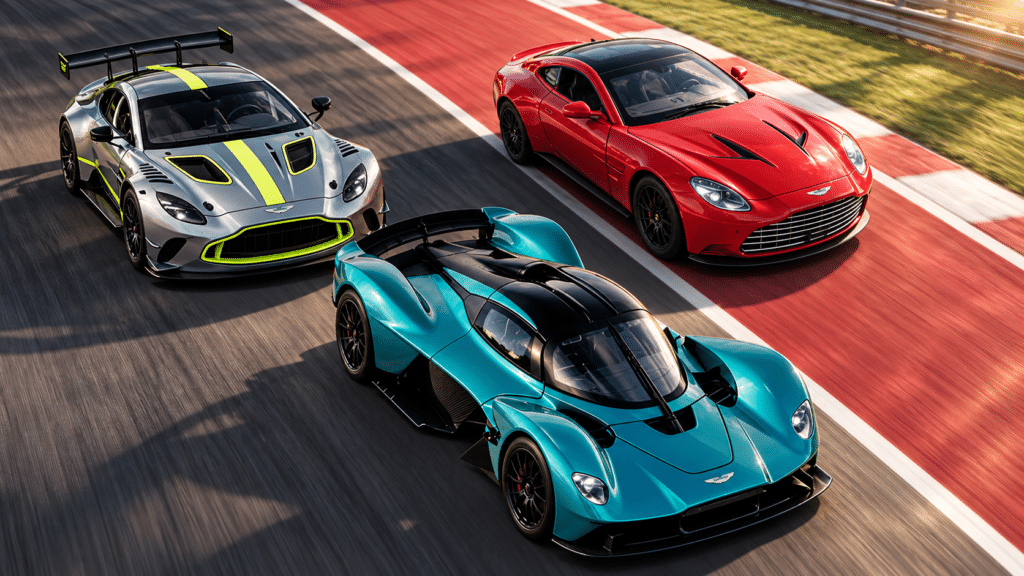 Ba mẫu xe Aston Martin thể thao trên đường đua – hình minh họa thiết kế xe mô hình MSZ