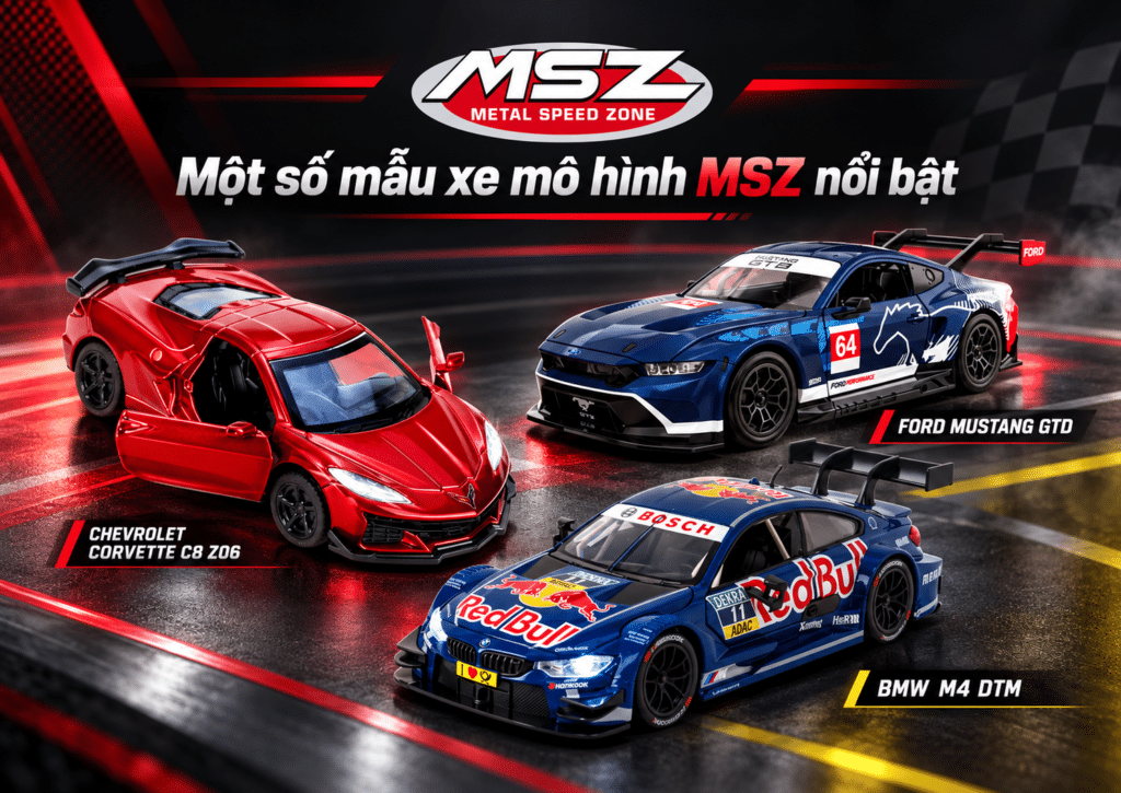 Các mẫu xe mô hình MSZ gồm Chevrolet Corvette C8 Z06, Ford Mustang GTD và BMW M4 DTM